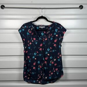 Daniel Rainn Navy Floral Eyelash Fringe V-Neck Cap Sleeve Blouse Small D14873PR1